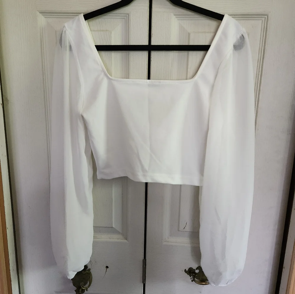 Womens Elegant White Sheer Sleeve Crop Top - Picture 8 of 10